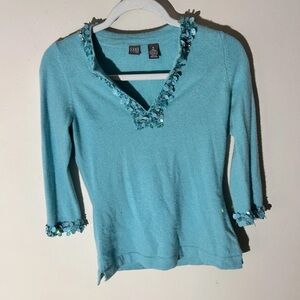 Saks Fifth Avenue Teal Embellished Cashmere Sweater Sz Small VGUC